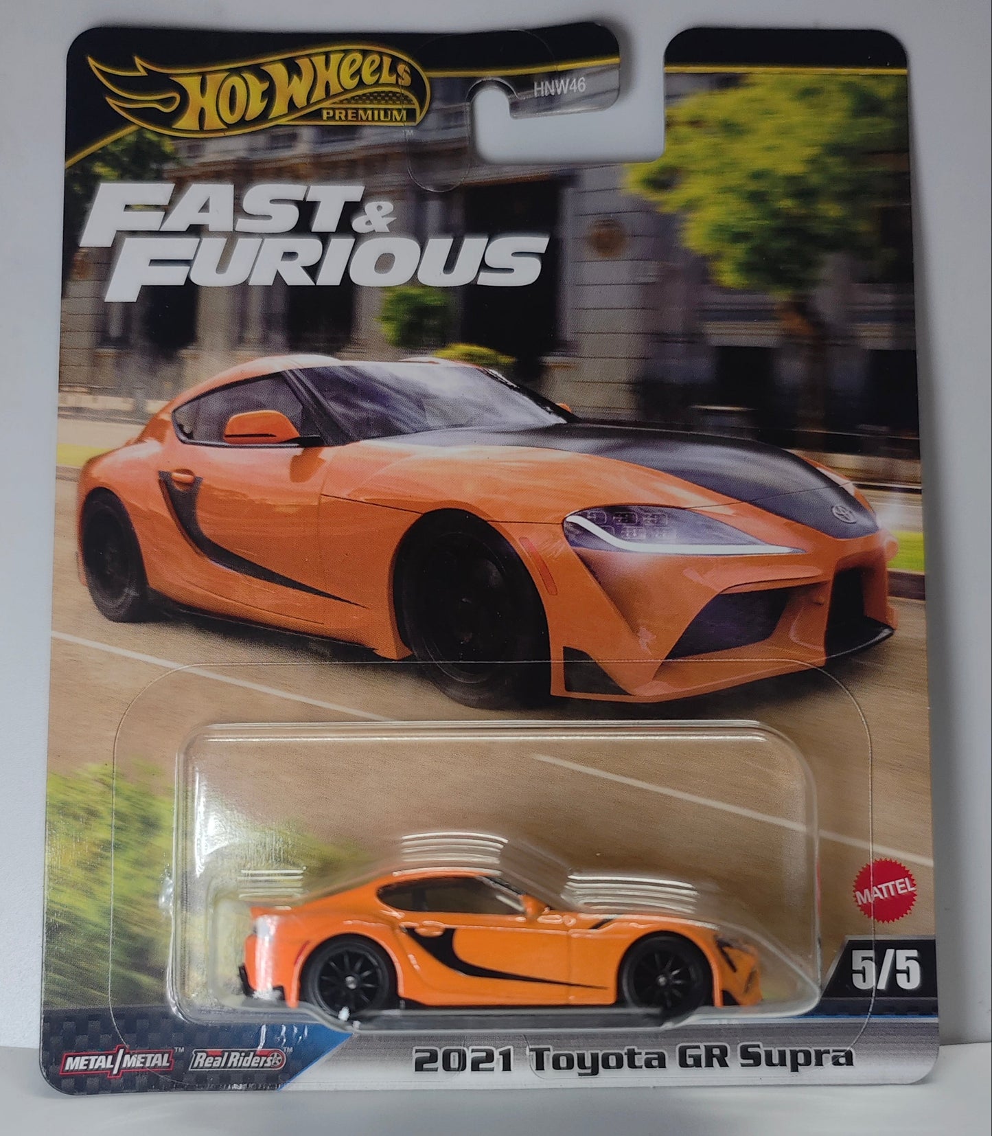 Hot Wheels 2021 Toyota GR Supra toy car in packaging with 'Fast & Furious' branding.