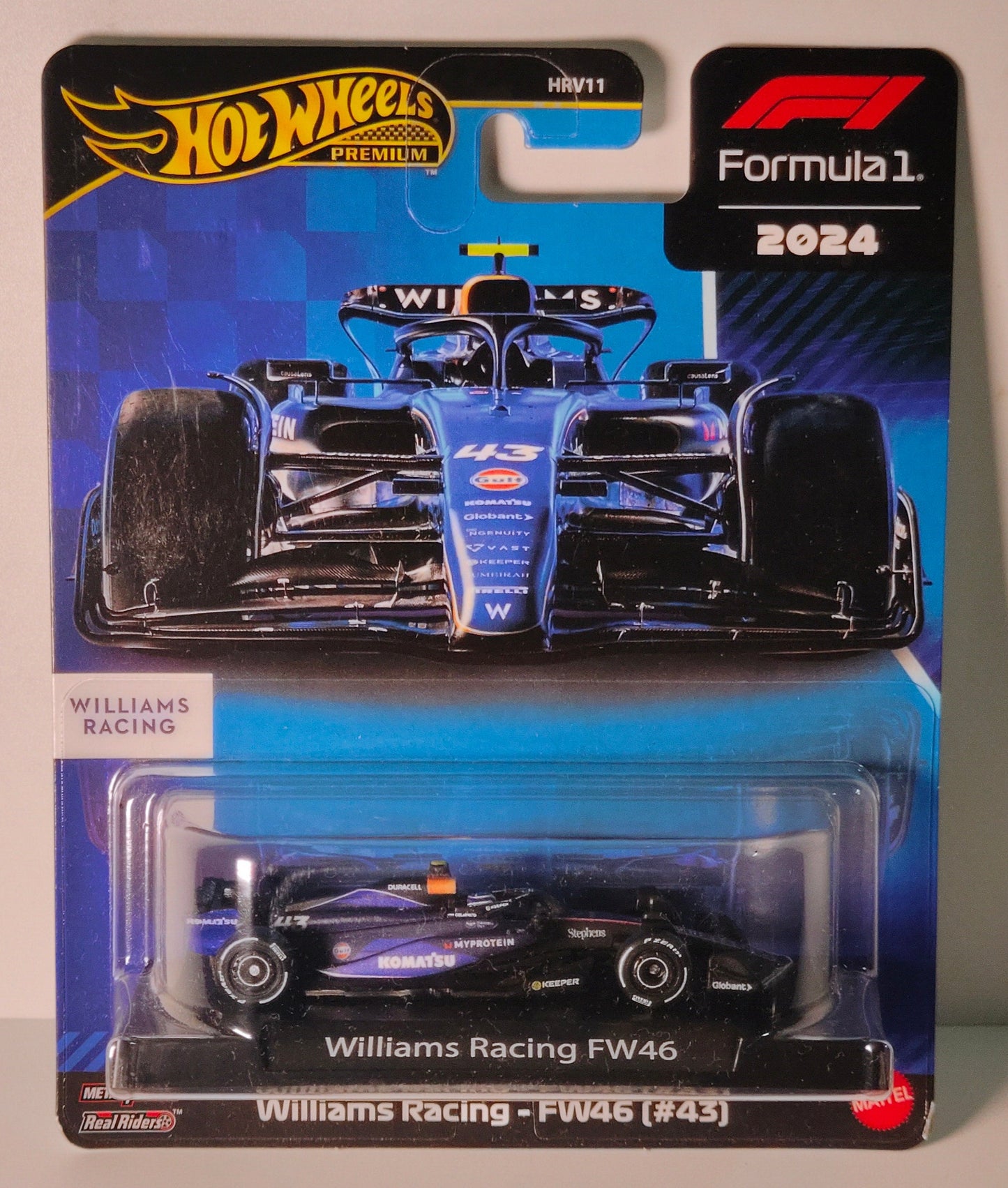 Model car in packaging with 'Hot Wheels' branding on a plain background