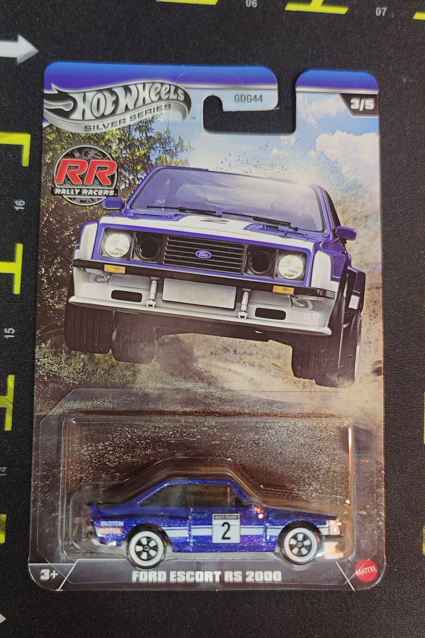 Hot Wheels Ford Escort RS 2000 model car in packaging with detailed graphics