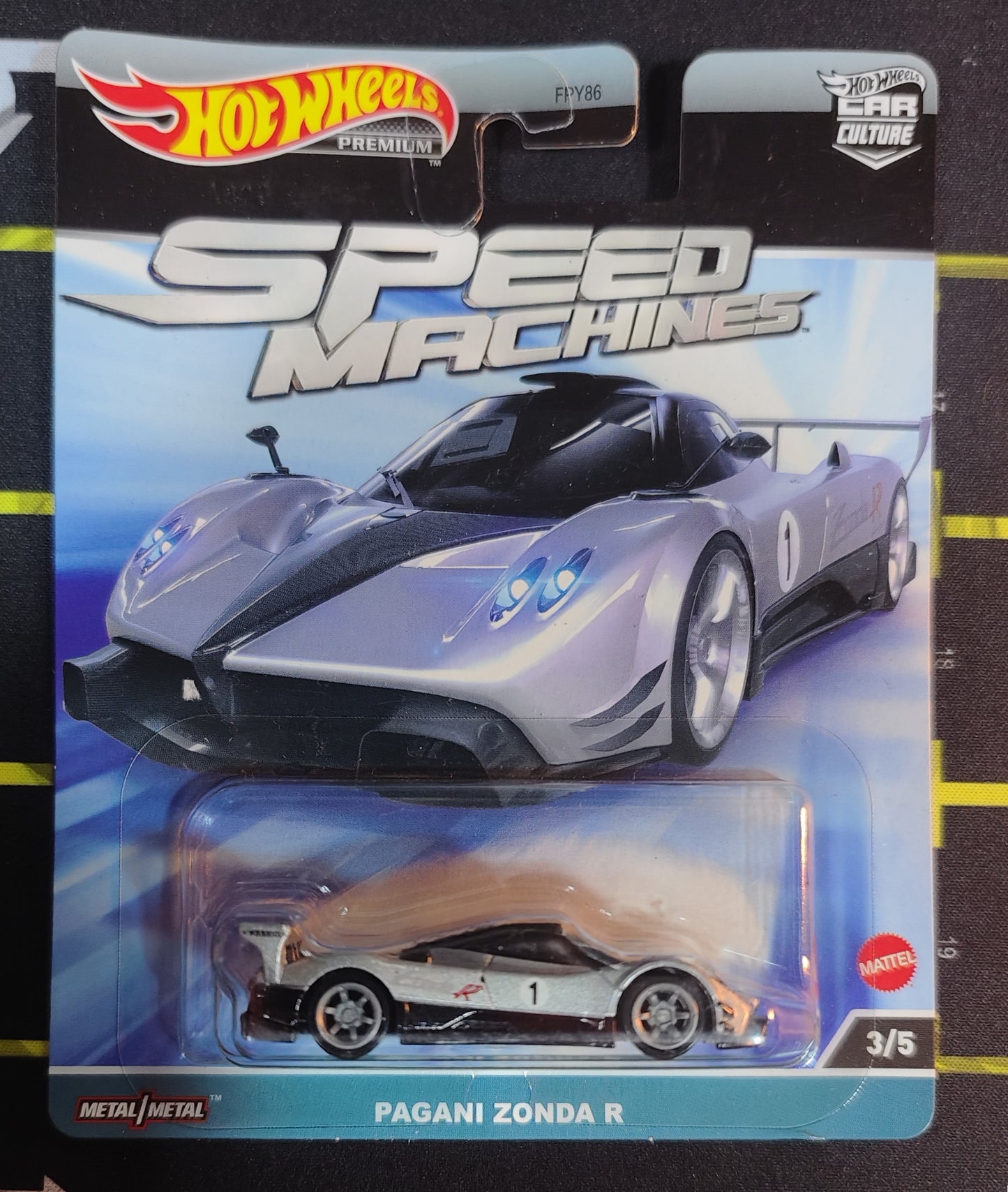 Hot Wheels Pagani Zonda R toy car in packaging with Hot Wheels logo.