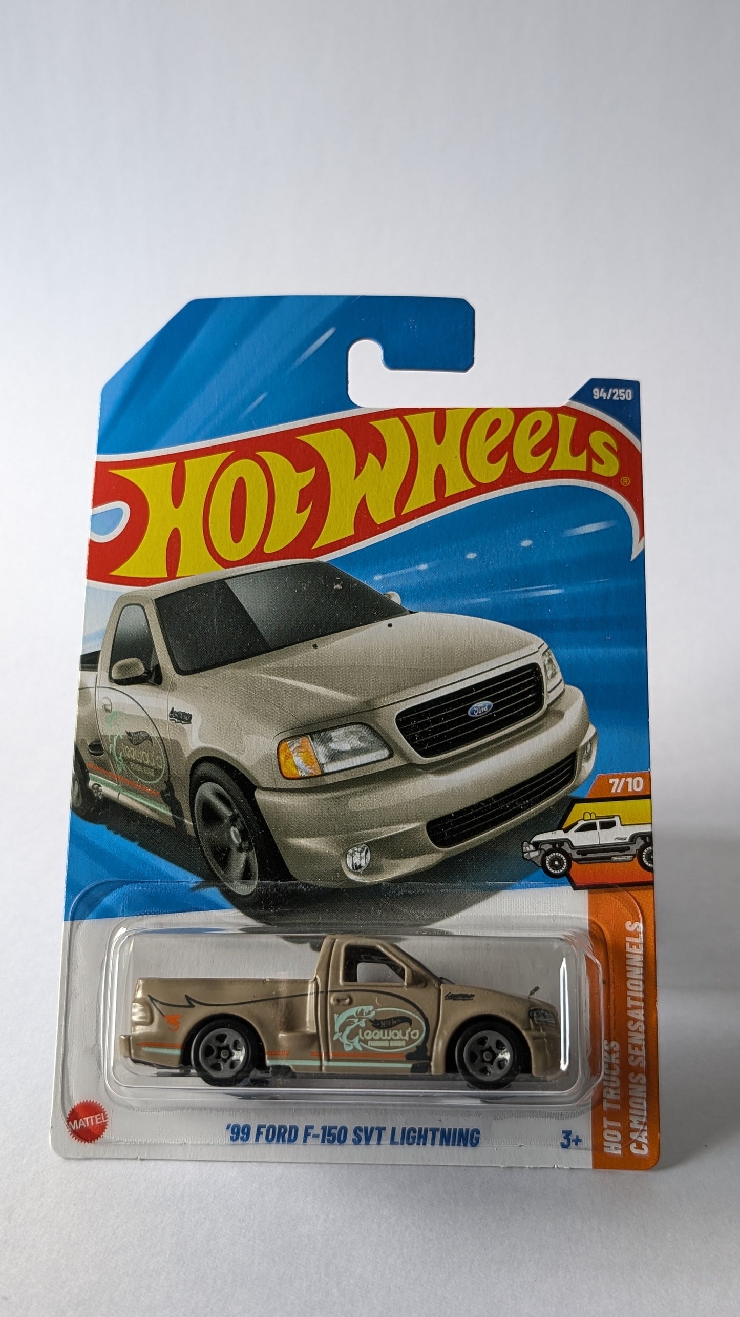 Hot Wheels '99 Ford F-150 SVT Lightning toy car in packaging on a gray background