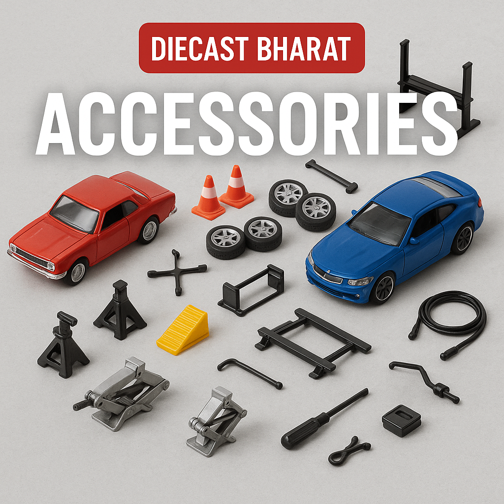 Graphic image for Diecast Bharat showing diecast car accessories including wheels, jacks, cones, and tools arranged around red and blue model cars, with bold text reading ‘Accessories’ and Diecast Bharat branding on top.