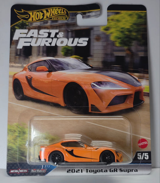 Hot Wheels 2021 Toyota GR Supra toy car in packaging with 'Fast & Furious' branding.