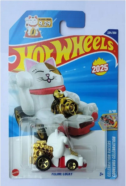 Hot Wheels toy car in packaging with a cat design on a white background