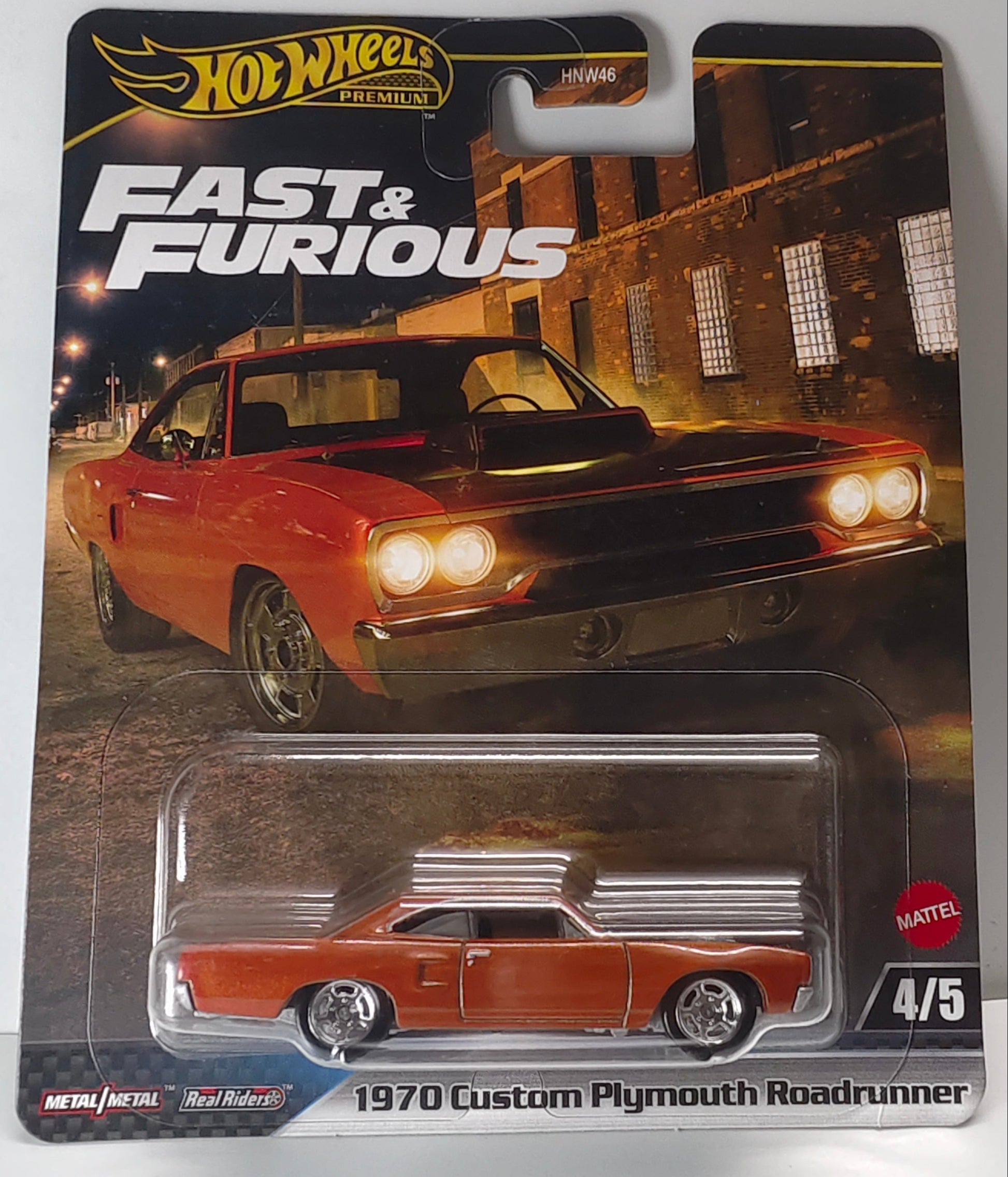 Hot Wheels 1970 Custom Plymouth Roadrunner toy car in packaging with 'Fast & Furious' branding.