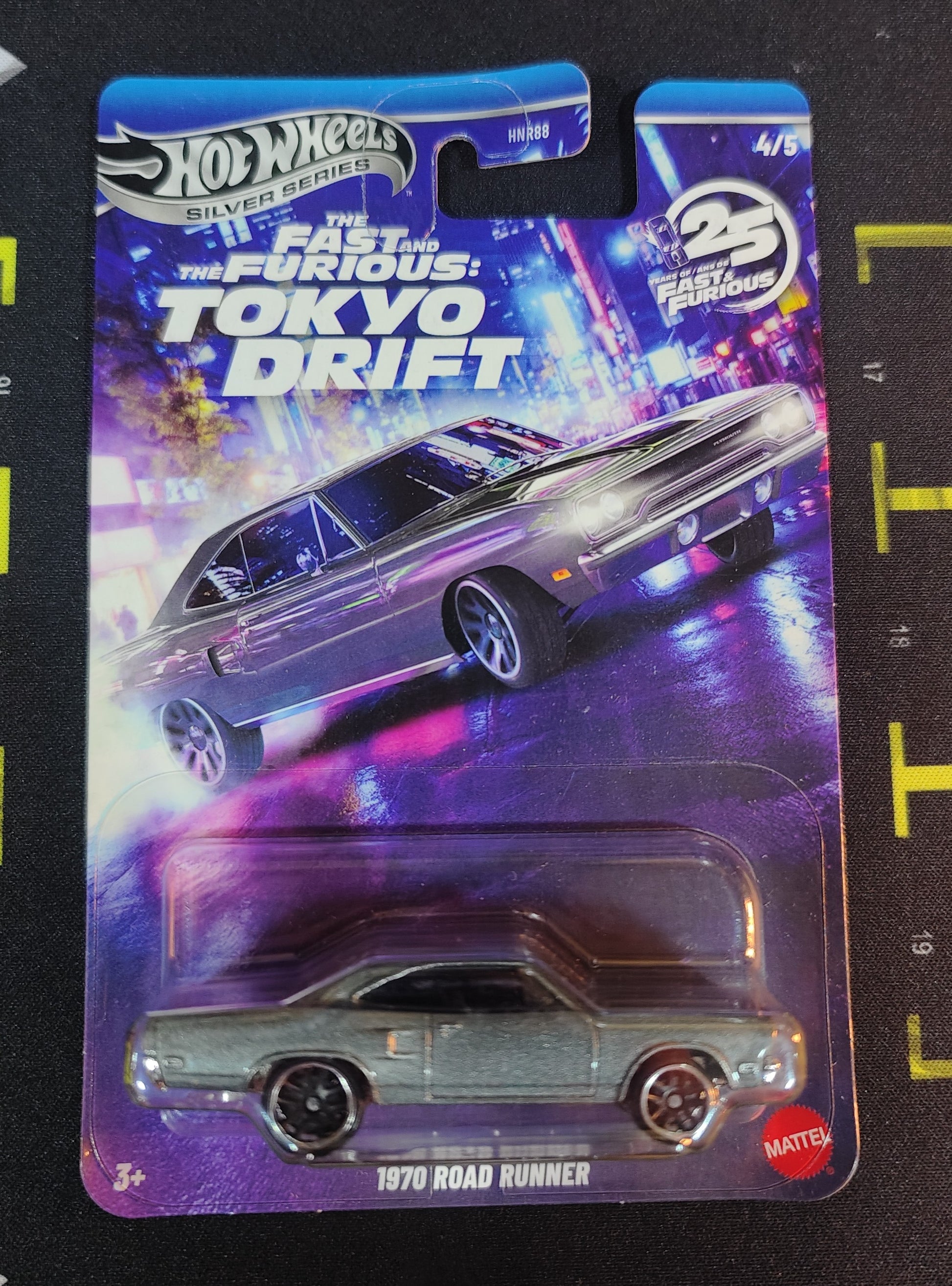 Hot Wheels 1970 Road Runner toy car in packaging with 'Tokyo Drift' theme