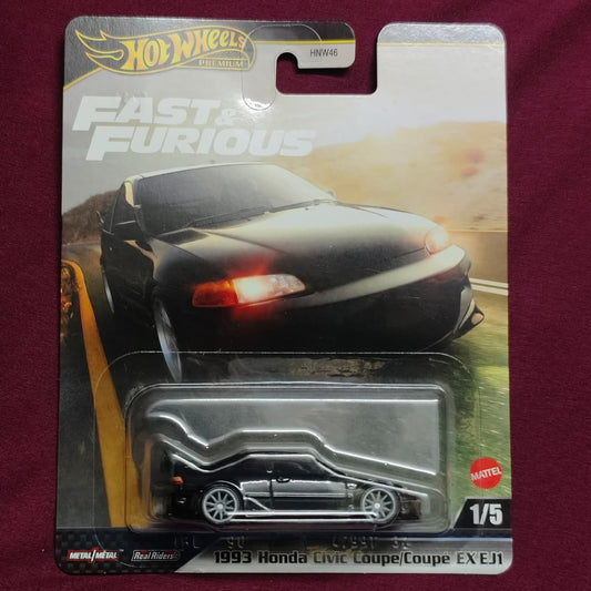 Hot Wheels 1993 Honda Civic Coupe EX EJ1 toy car in packaging on a maroon background