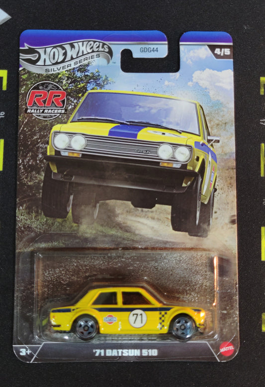 Hot Wheels '71 Datsun 510 toy car in packaging with Hot Wheels branding.