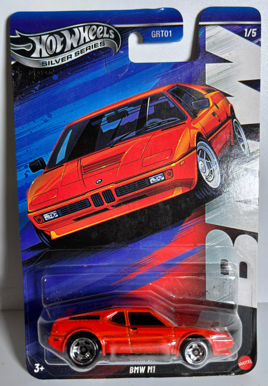 Hot Wheels BMW M1 toy car in packaging on a gray background