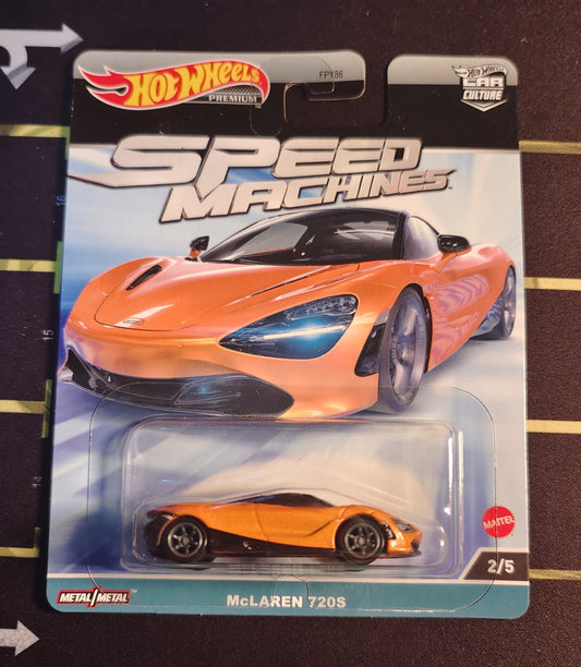 Hot Wheels McLaren 720S toy car in packaging on a dark surface