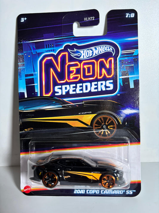 Hot Wheels Neon Speeders packaging with a black and orange car on a white background
