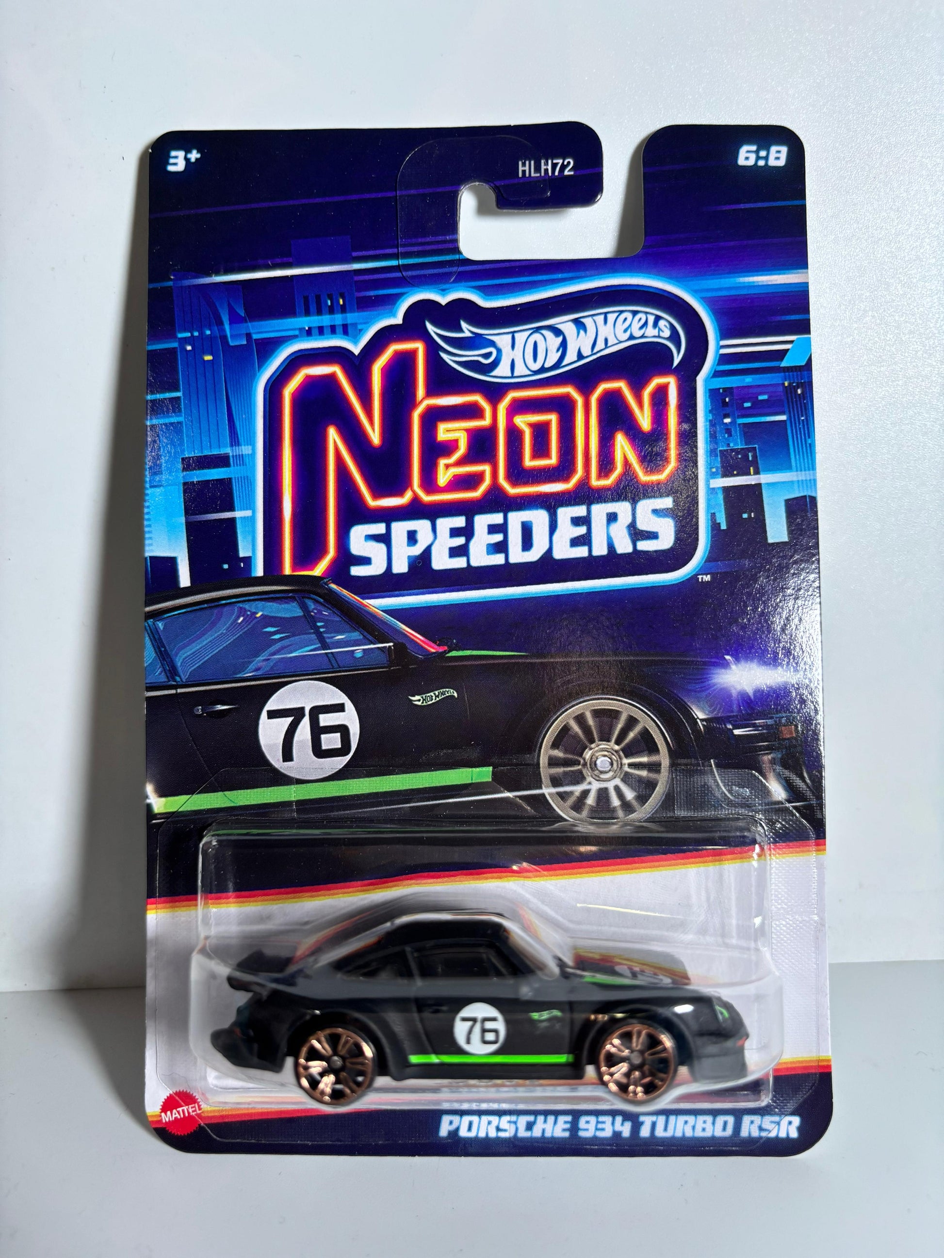 Hot Wheels Neon Speeders Porsche 934 Turbo RSR toy car in packaging on a white background