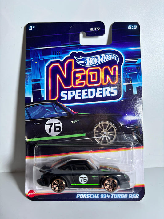 Hot Wheels Neon Speeders Porsche 934 Turbo RSR toy car in packaging on a white background