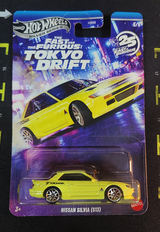 Hot Wheels Nissan Silvia (S13) toy car in packaging with 'The Fast and the Furious: Tokyo Drift' theme.