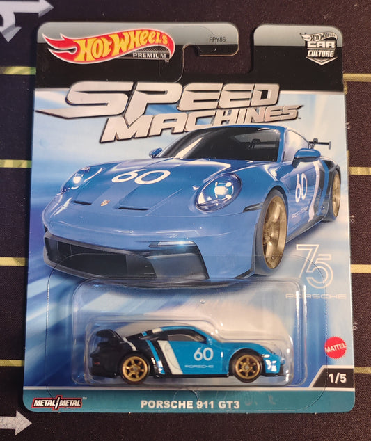 Hot Wheels Porsche 911 GT3 Speed Machines toy car in packaging on a striped background