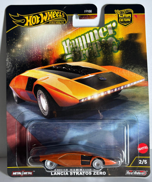 Hot Wheels Lancia Stratos Zero toy car in packaging on a gray background