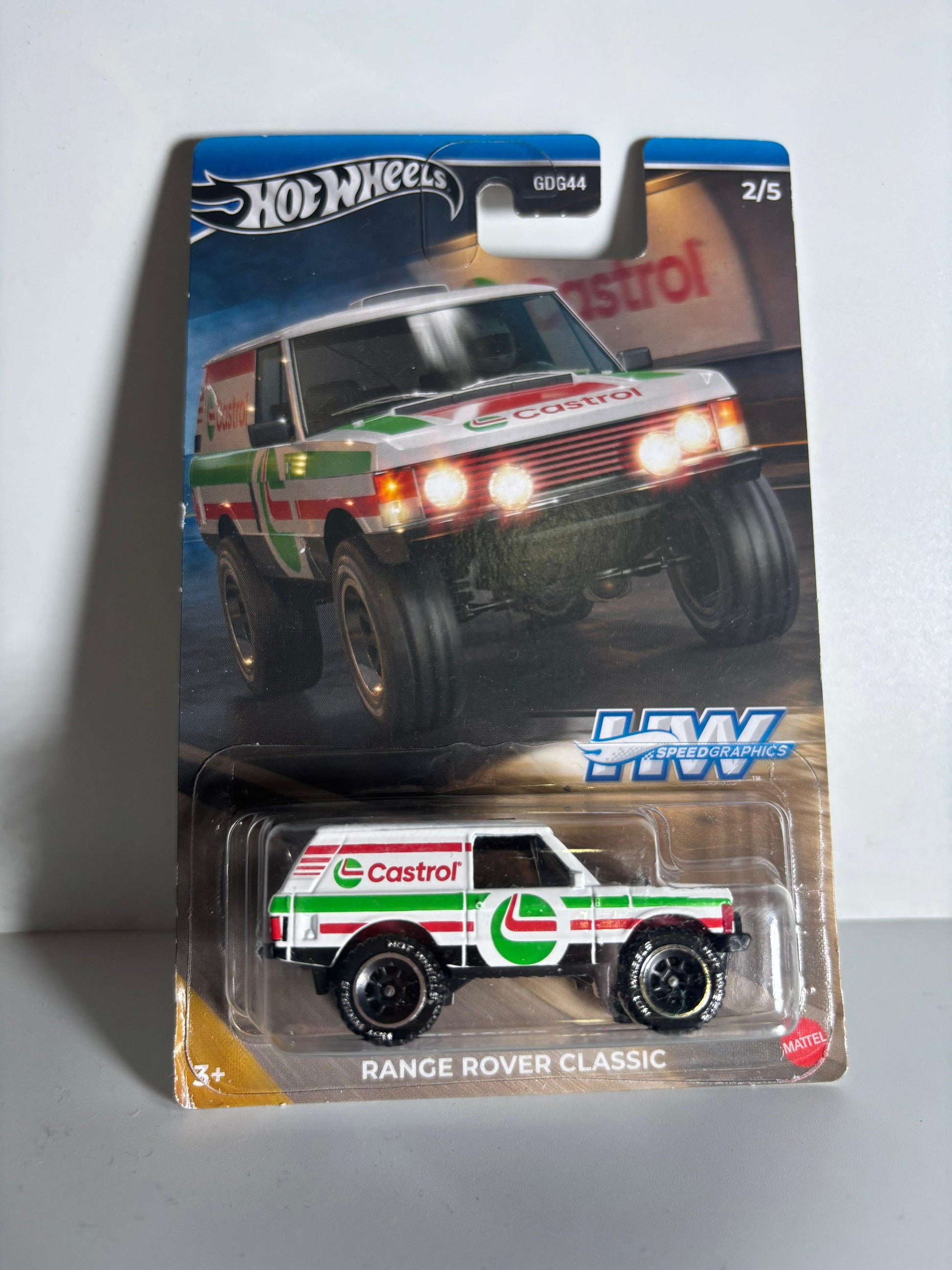 Hot Wheels Range Rover Classic toy car in packaging on a gray background