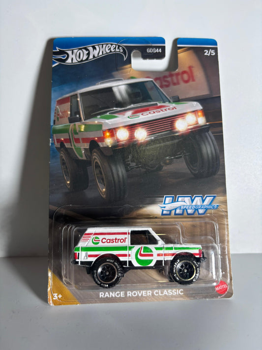 Hot Wheels Range Rover Classic toy car in packaging on a gray background