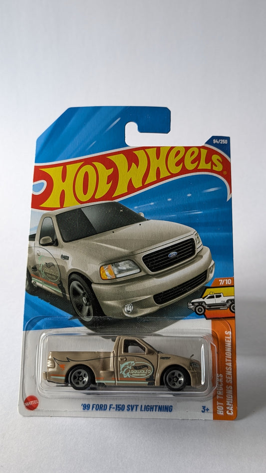 Hot Wheels '99 Ford F-150 SVT Lightning toy car in packaging on a gray background