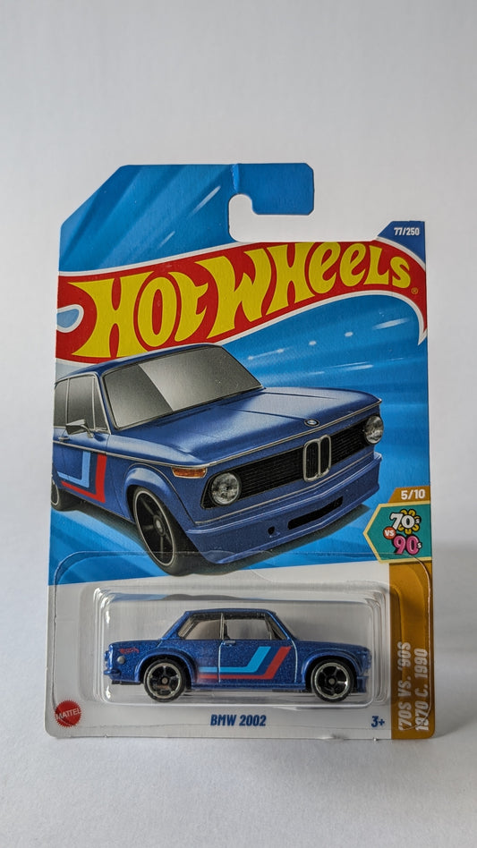 Hot Wheels toy car in packaging with blue BMW 2002 model