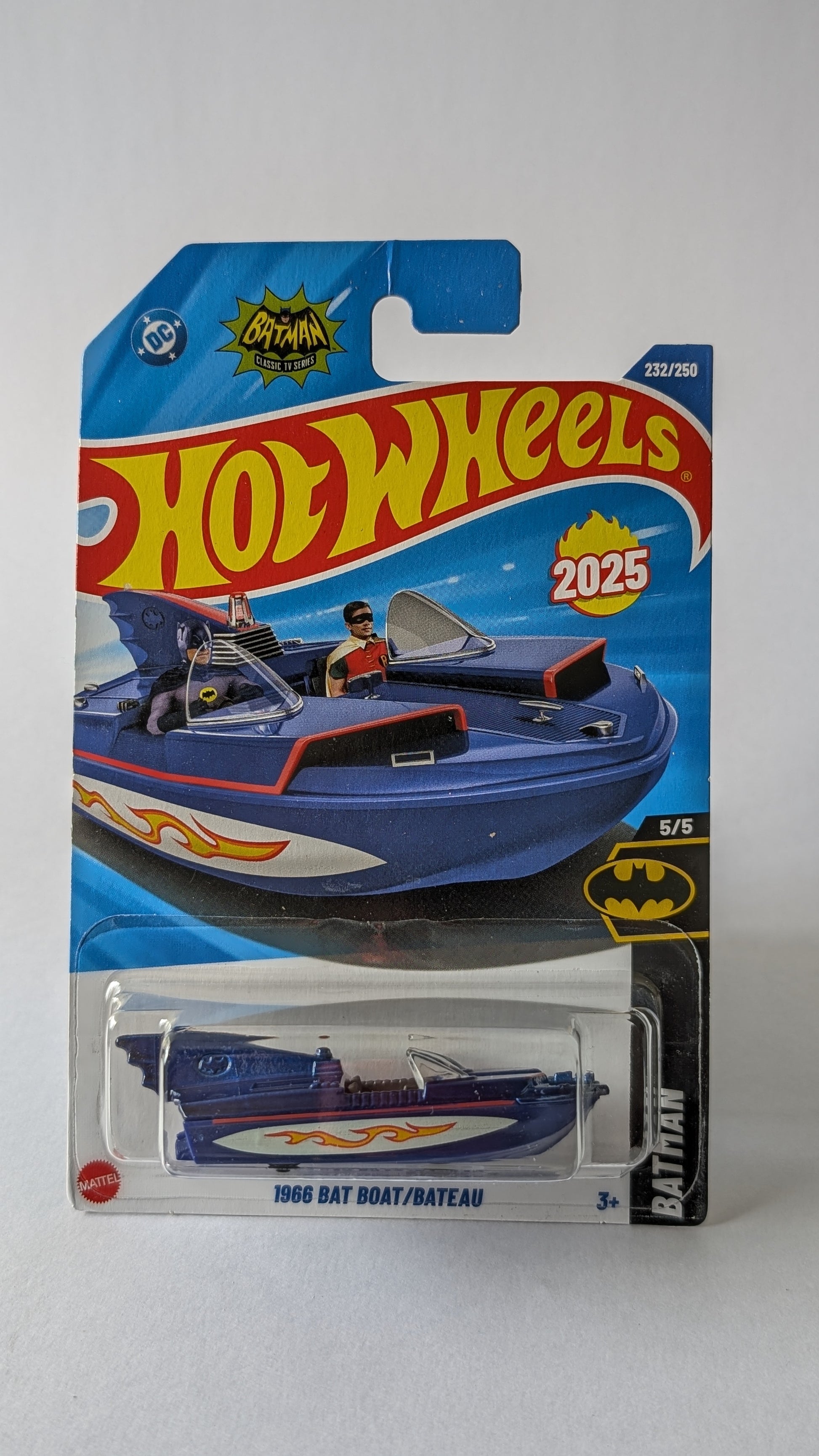 Hot Wheels Batman Bat Boat toy car in packaging on a gray background