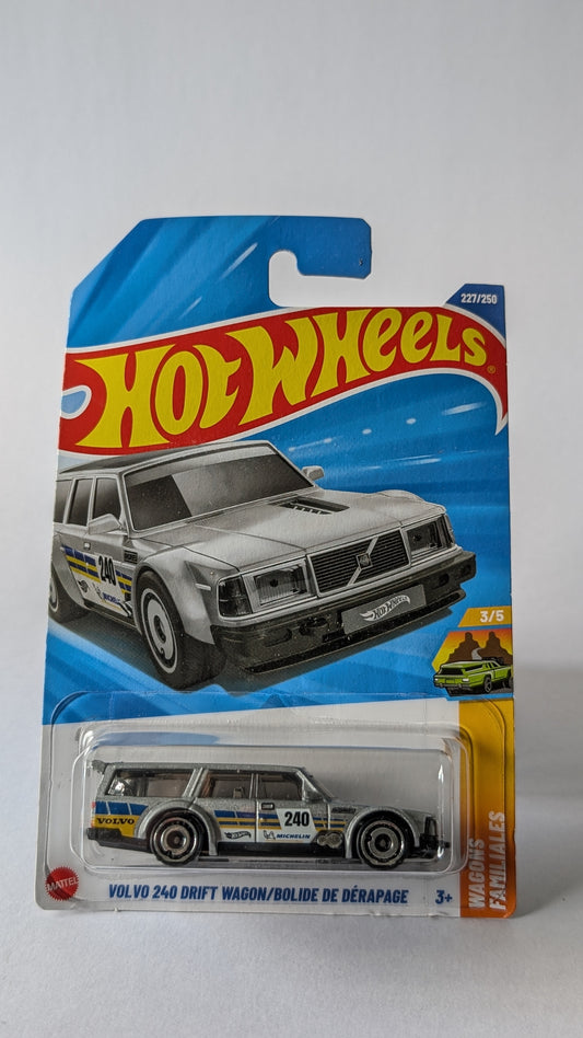 Hot Wheels Volvo 240 Drift Wagon toy car in packaging on a gray background