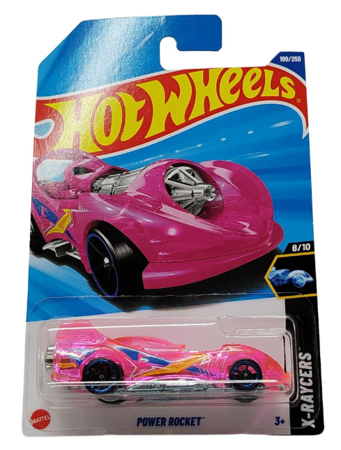 Hot Wheels Power Rocket toy car in packaging with blue and red background